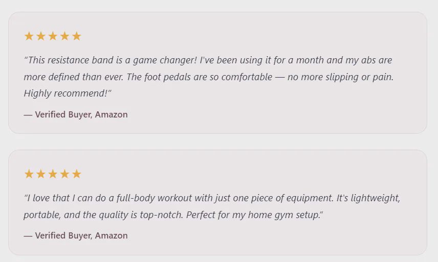 Customer Reviews Two 5-star Amazon reviews highlighting comfortable foot pedals and lightweight full-body workouts.