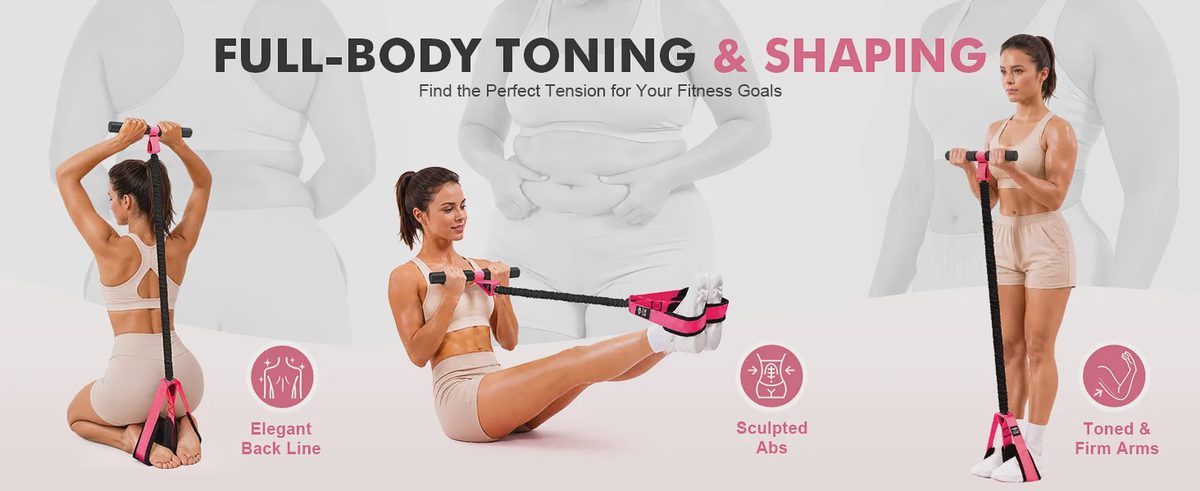 Full-Body Toning and Shaping Woman using pink pedal resistance band for back, abs, and arm exercises.