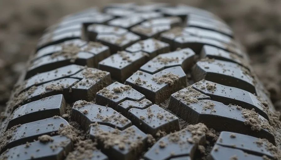 Mud-packed tire tread with zero traction.