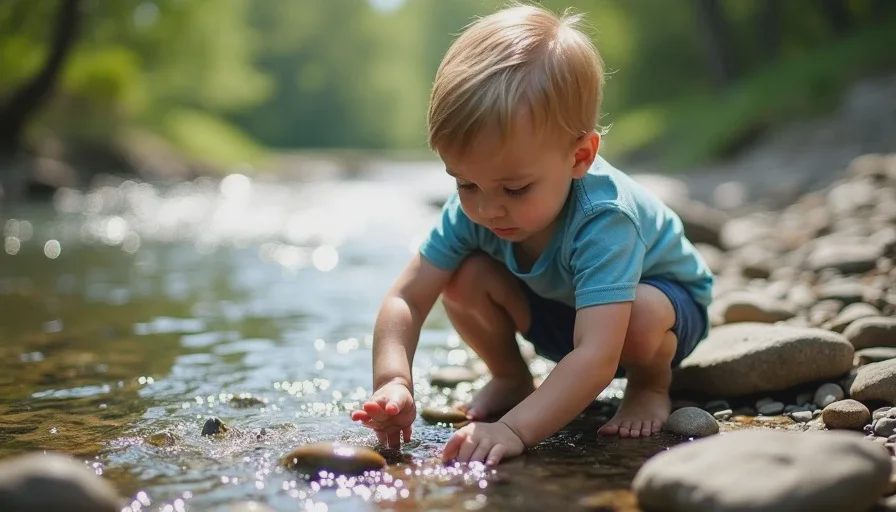 Collecting smooth rocks from creek bed.