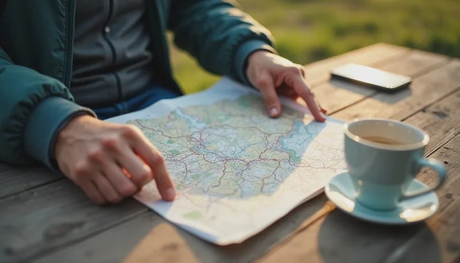 Reading paper map with morning coffee.