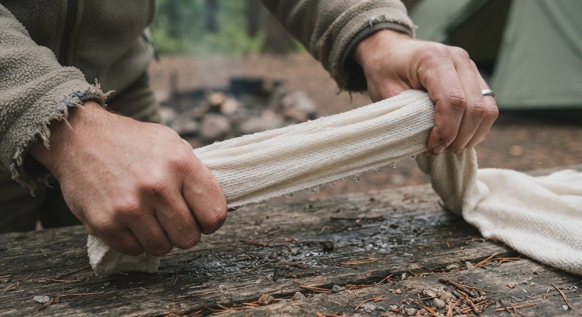 Wet compressed towel stretched to show durability.