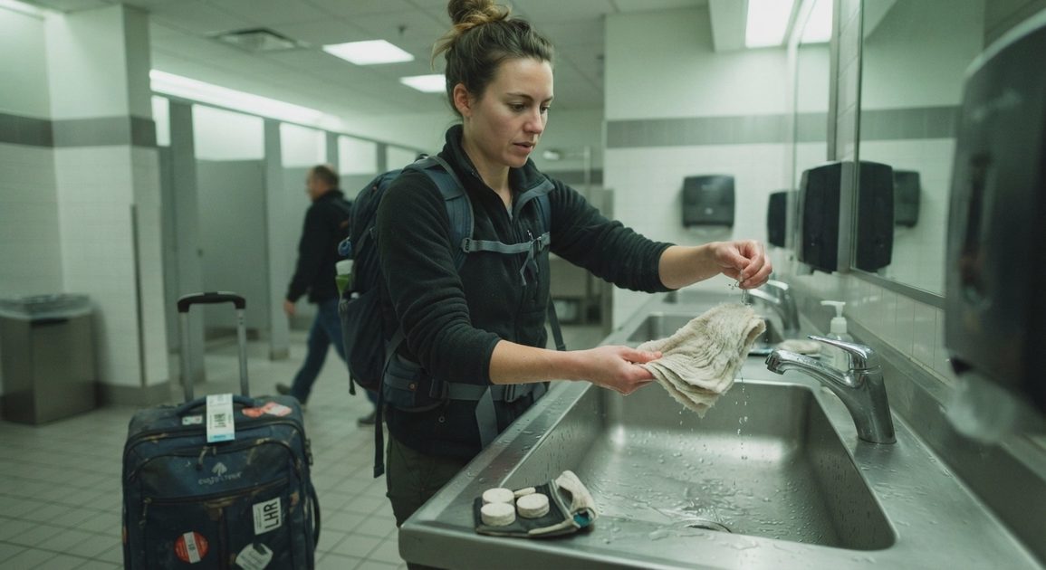 Traveler using compressed towel at airport sink.