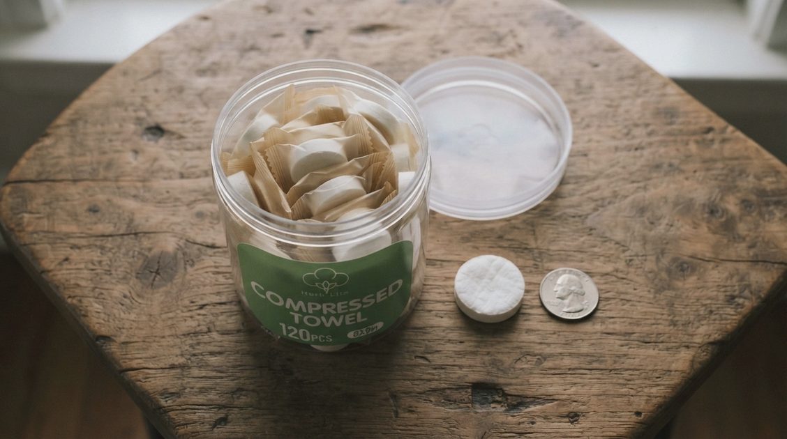 Coin-sized compressed towels in open container on table.
