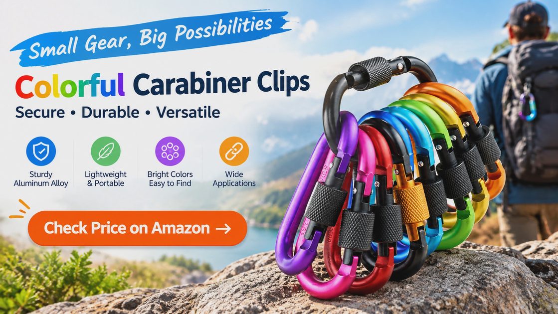 Colorful locking carabiner clips on a rock, hiker in background, features: sturdy aluminum, lightweight, bright colors.