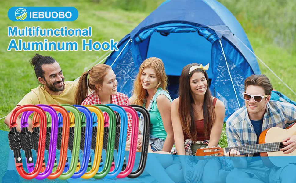 Friends camping by a blue tent with a guitar, colorful aluminum hook carabiners displayed in foreground.