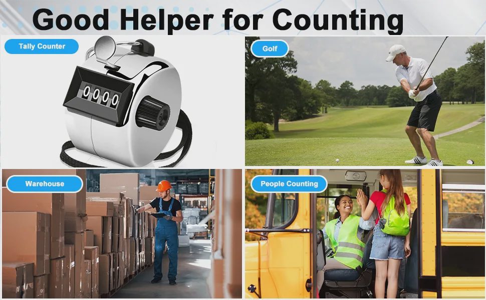 Mechanical tally counter for counting. Uses include golf, warehouse inventory, and people counting.