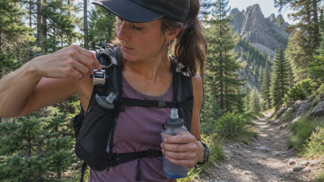 Hiker using a mechanical tally counter on her backpack while on a trail.