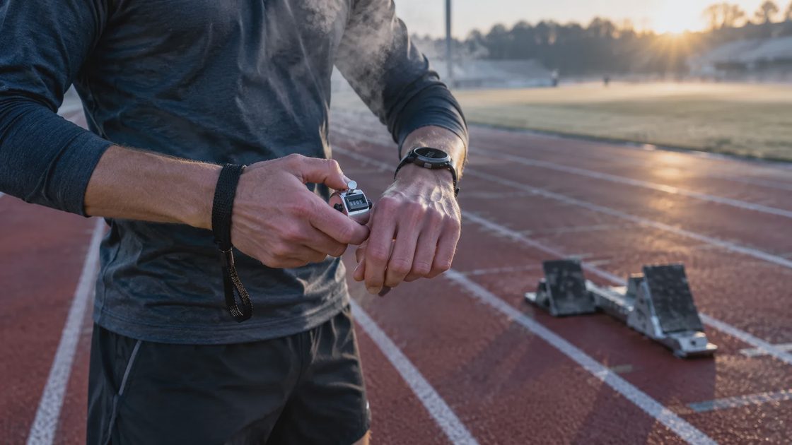 Runner using a mechanical tally counter on a track to count laps during training.