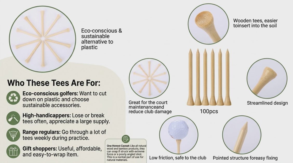 Infographic showing wooden golf tees, their features, target audience, and a 100-piece set.